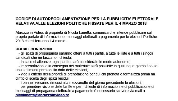 CODICE DI AUTOREGOLAMENTAZIONE PER LA PUBBLICITA' ELETTORALE RELATIVA ALLE ELEZIONI POLITICHE FISSATE PER IL 4 MARZO 2018