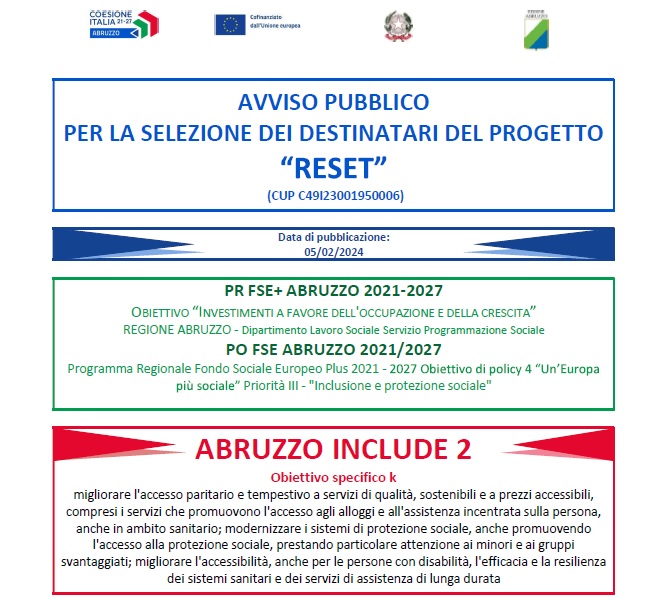 Progetto "RESET" Abruzzo Include 2: avviata la selezione dei beneficiari