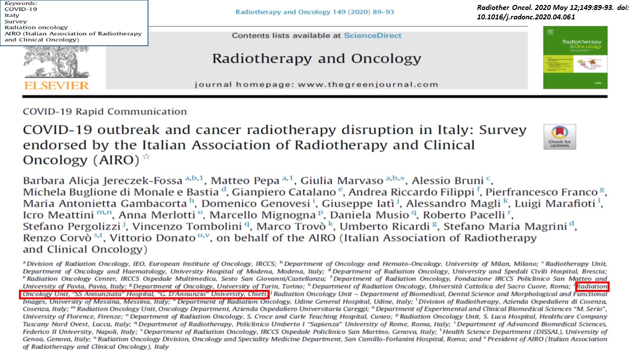 La Radioterapia oncologica di Chieti selezionata tra i Centri della Società italiana di Radioterapia e Oncologia clinica (Airo) per le raccomandazioni nell’emergenza Covid-19 