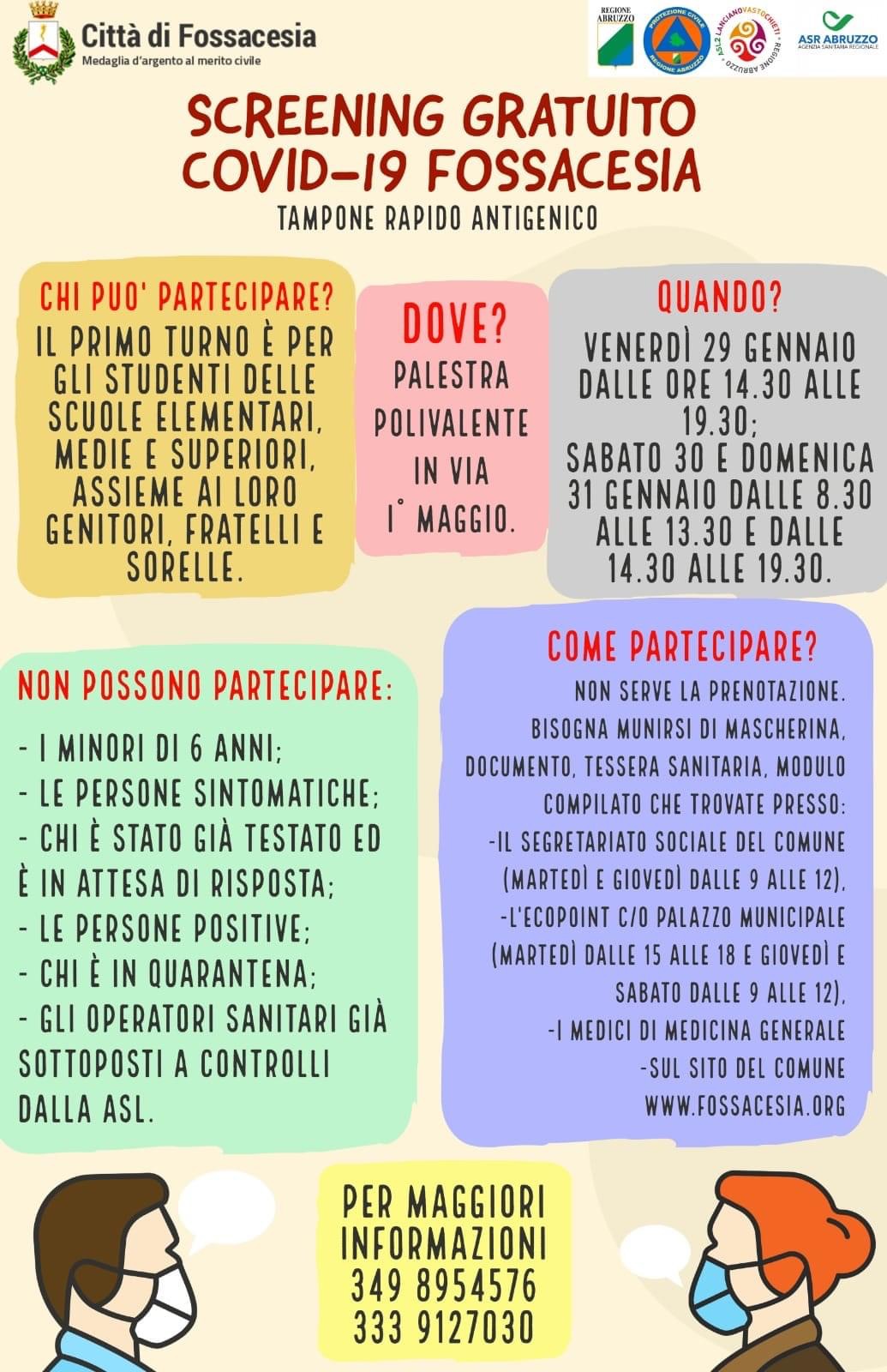 Fossacesia, da venerdi’ 29 gennaio primo turno dello screening di massa per covid-19