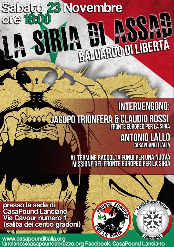 Sabato 23 Novembre CasaPound ospita conferenza sulla guerra in Siria