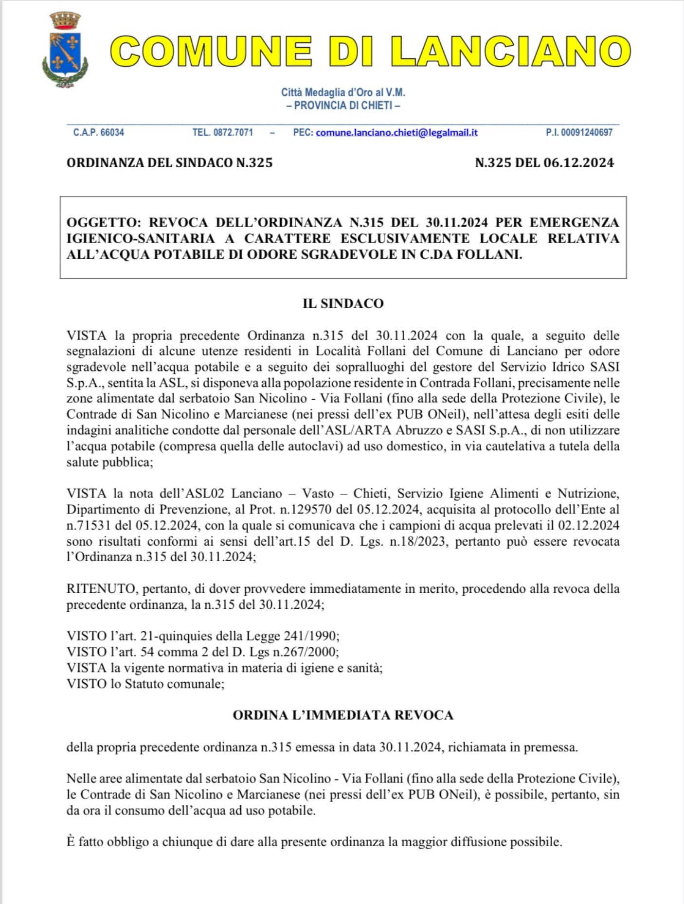 Lanciano, revocato il divieto di utilizzo dell'acqua potabile a Follani