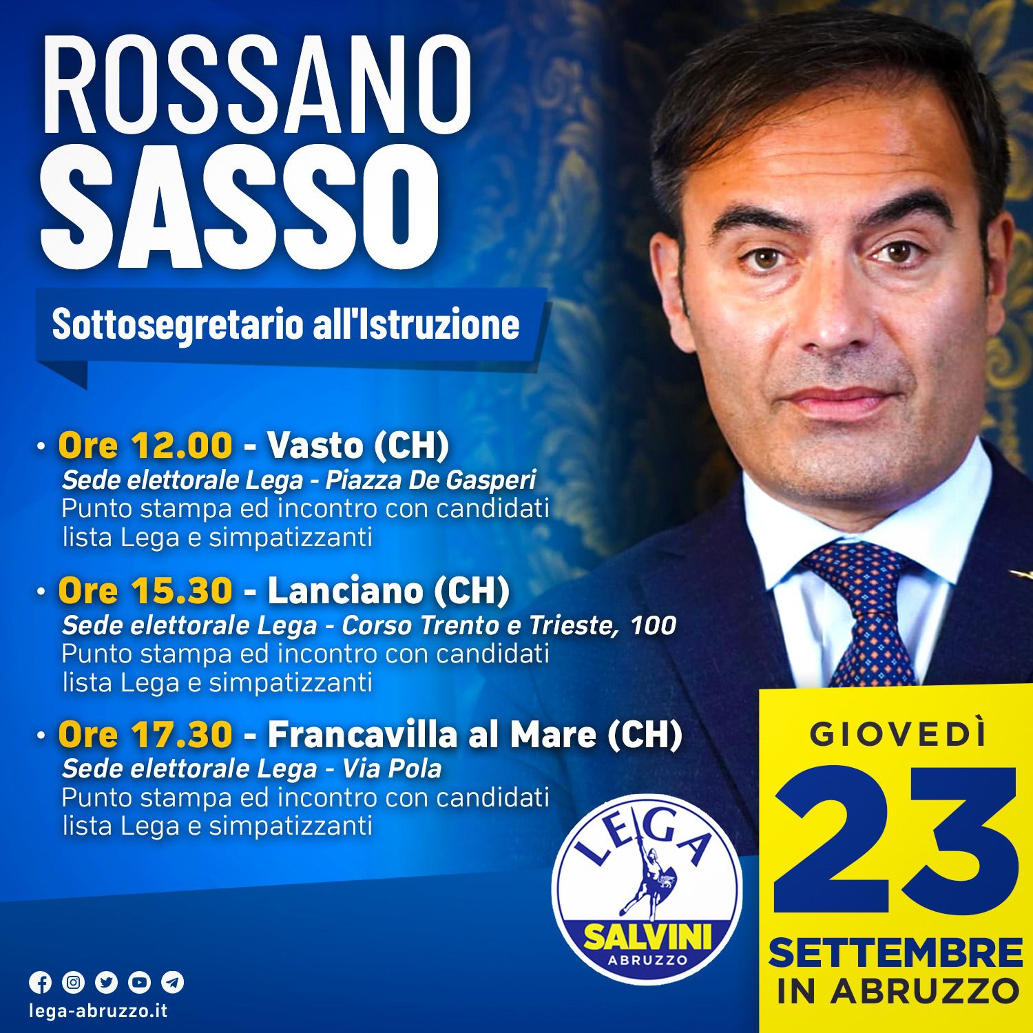 Elezioni comunali, a Lanciano domani la visita del sottosegretario all'istruzione Rossano Sasso