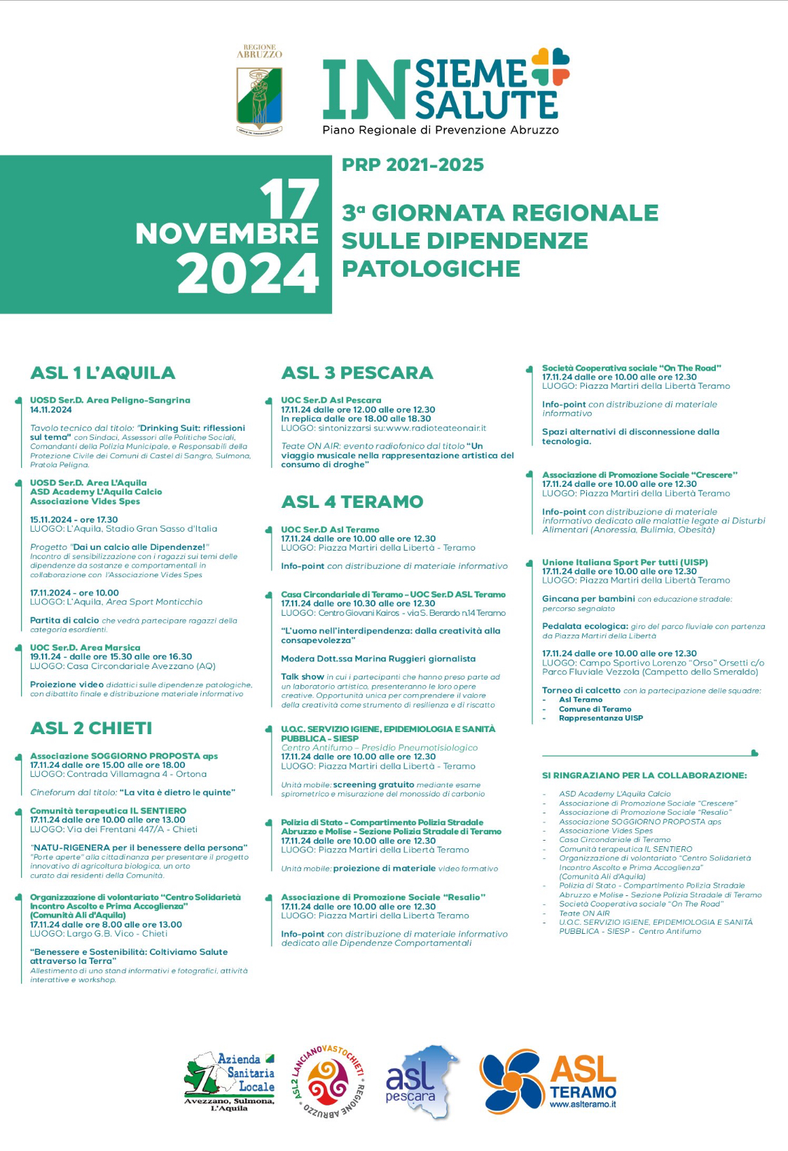 Anche in Abruzzo si celebra la Giornata Regionale sulle Dipendenze domenica 17 novembre 2024