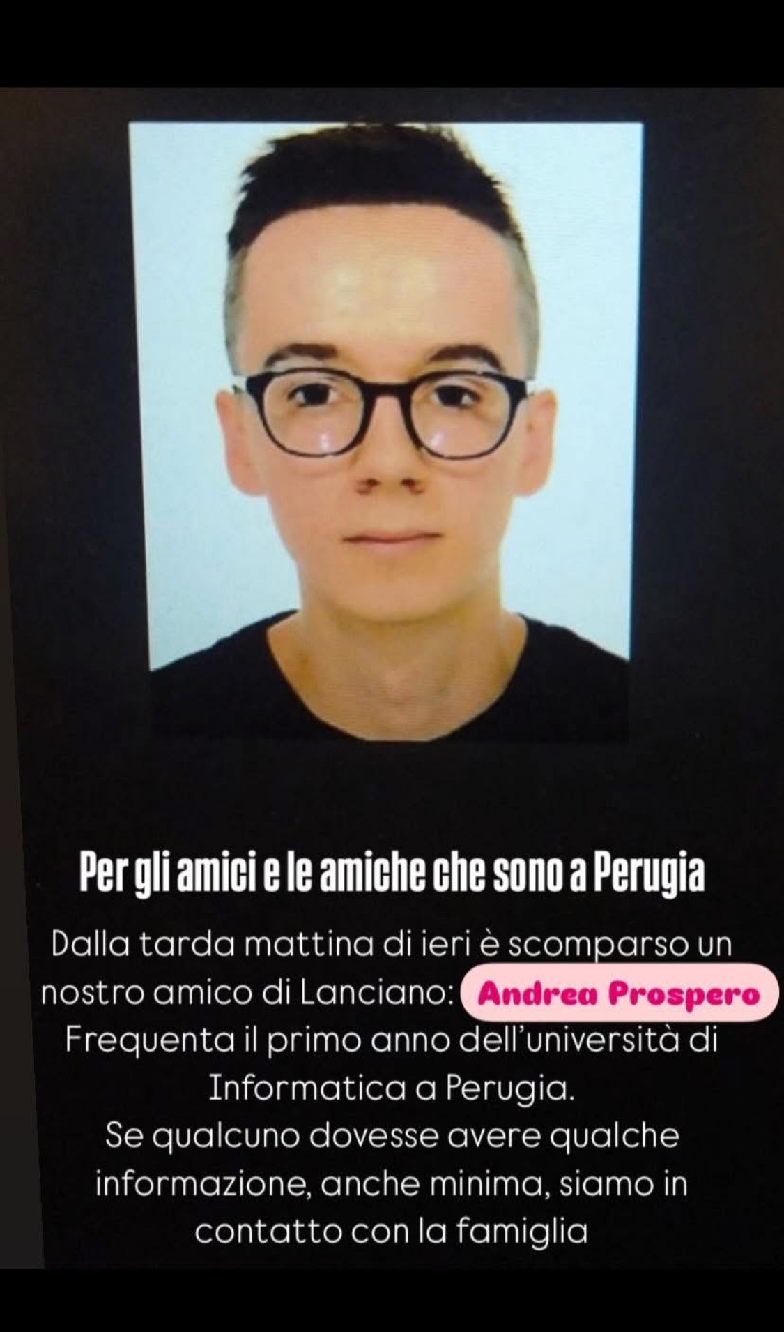 Lanciano, sparito a Perugia uno studente, ore di apprensione per i familiari di Andrea Prospero