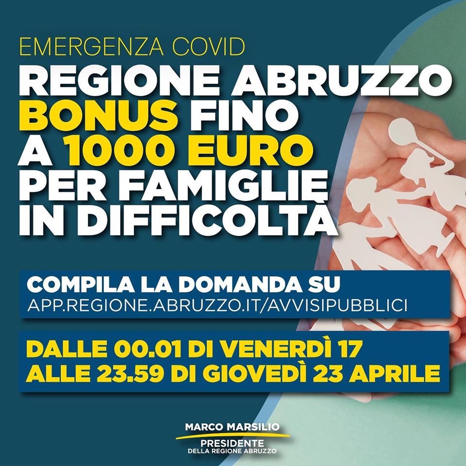 Coronavirus, Regione Abruzzo: Al via il bando per richiedere il Bonus Famiglie in difficoltà