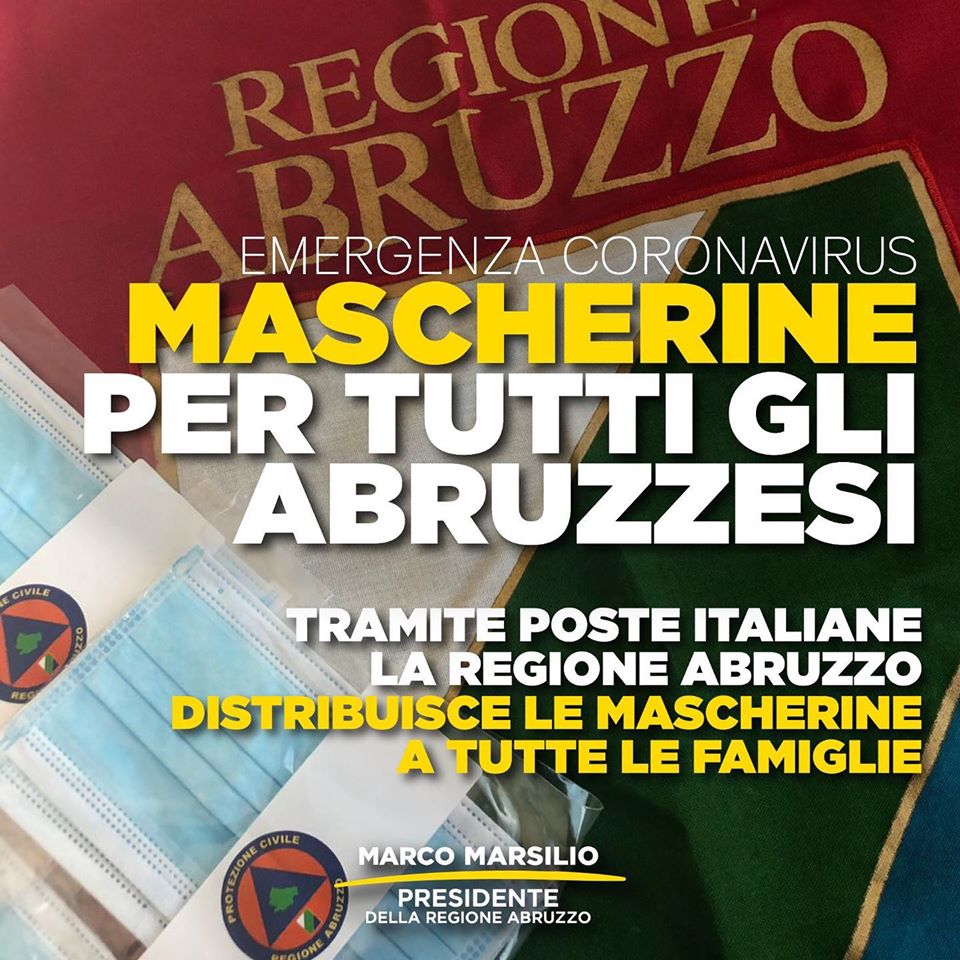 Coronavirus, accordo Poste-Regione Abruzzo, mascherine ad ogni famiglia abruzzese