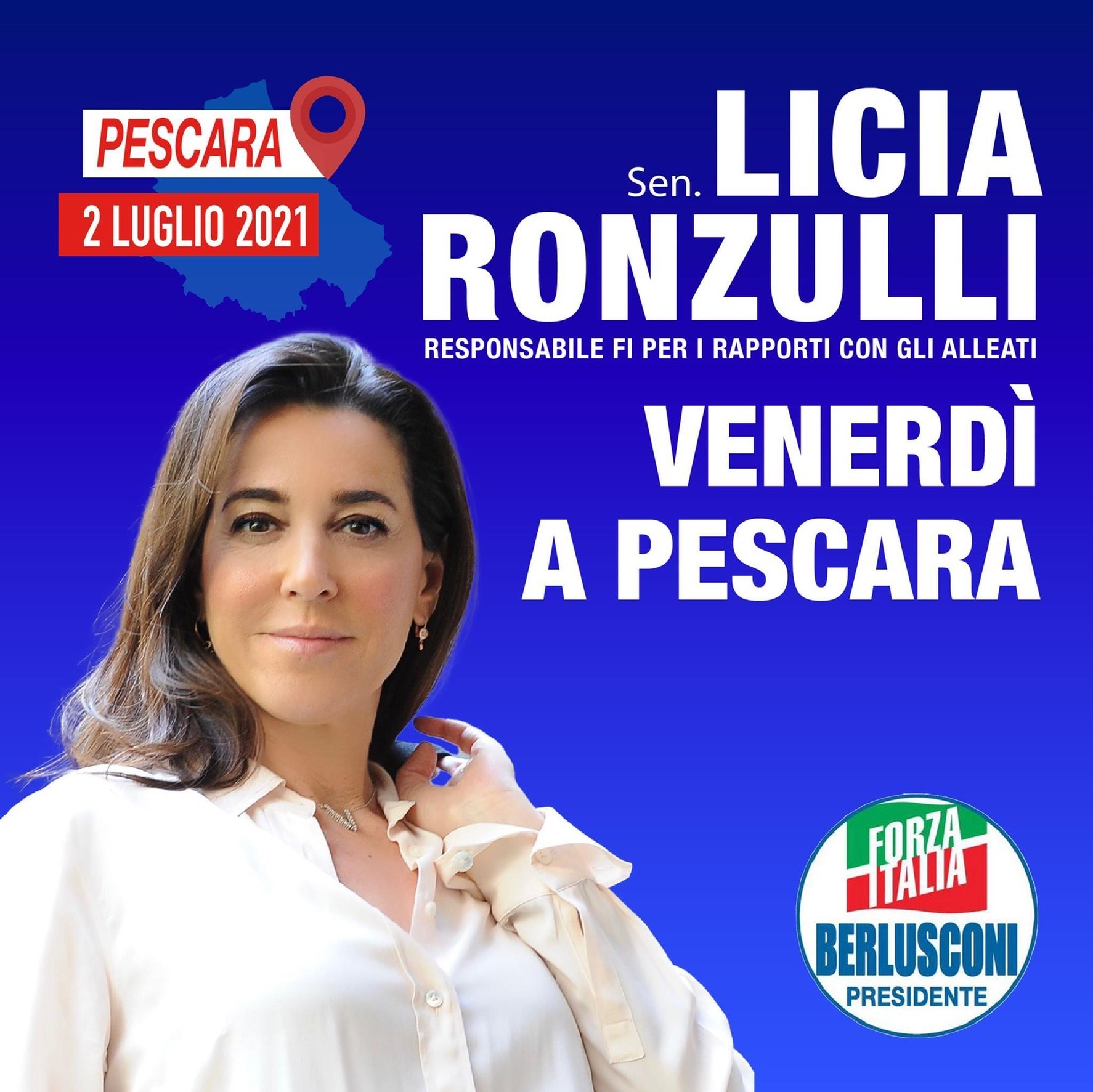 La senatrice di Forza Italia Licia Ronzulli venerdì prossimo a Pescara