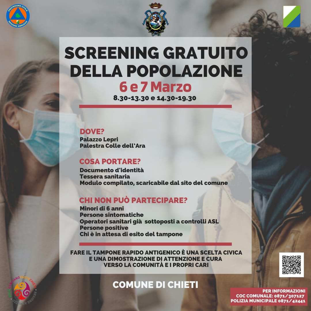 Screening della popolazione, tornano sabato e domenica a Chieti i tamponi antigenici.